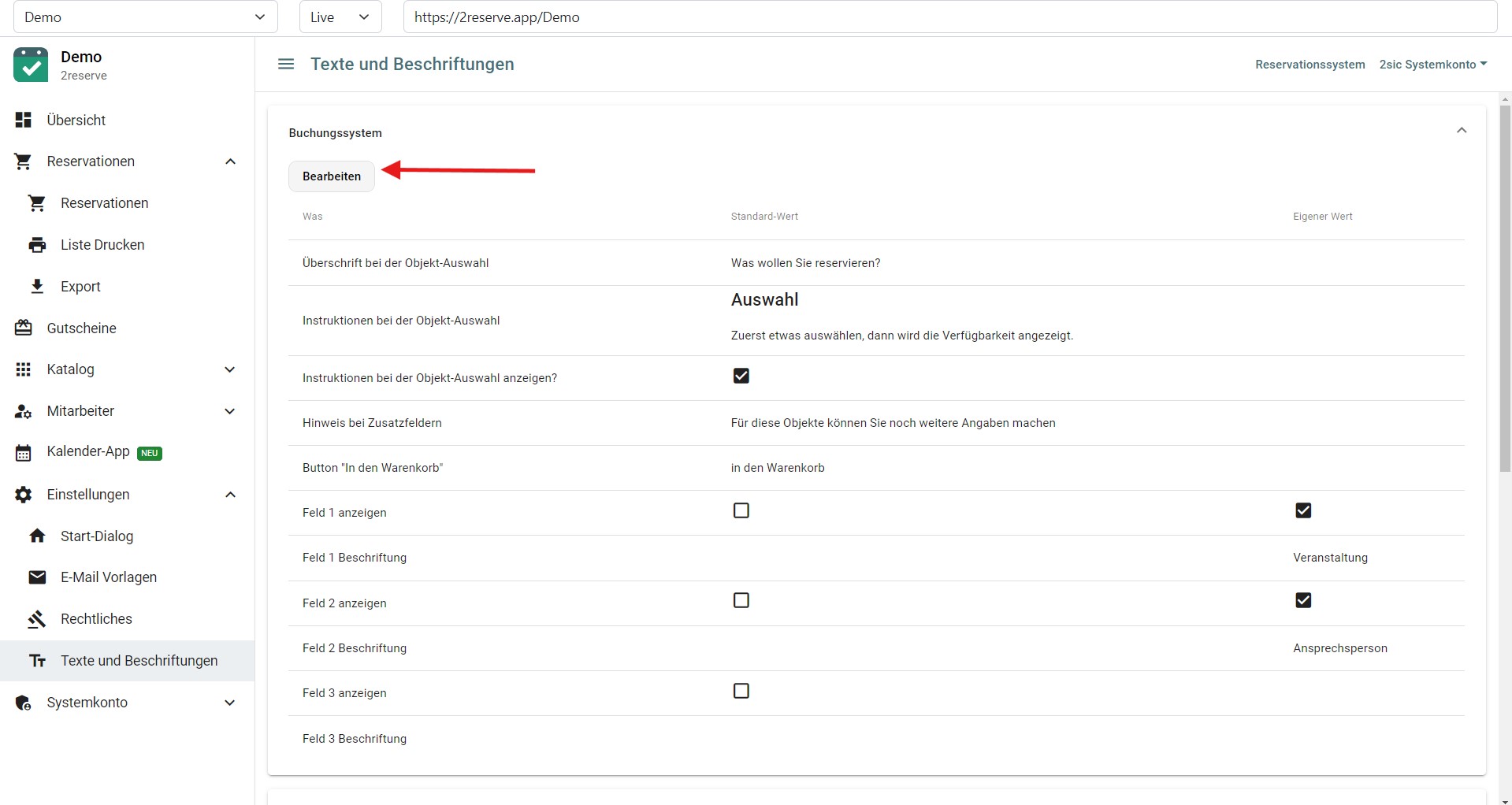 Systemtexte bearbeiten